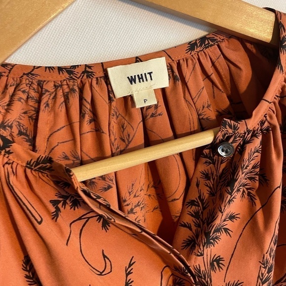 WHiT NYC Forrest Print Blouse Button Up Size P Silk Mustard - Picture 3 of 6